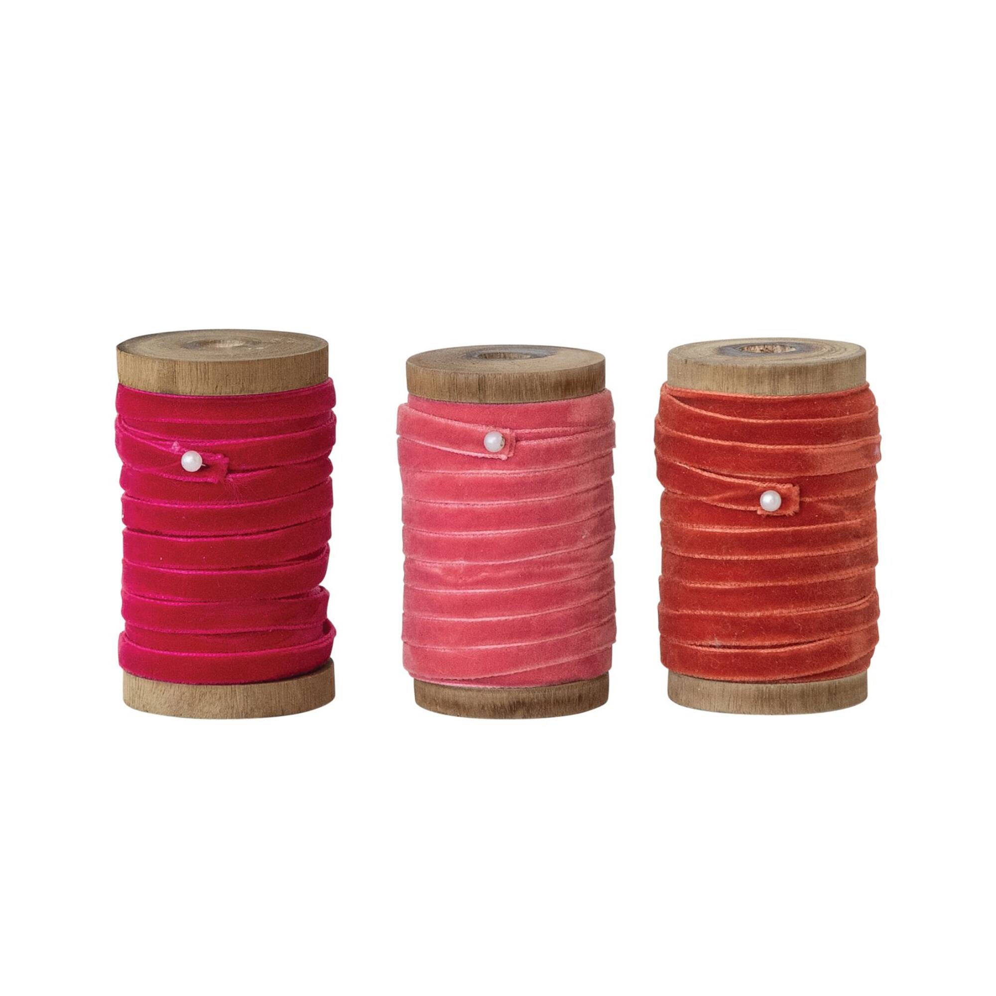 Hello Honey® Velvet Ribbon on Mango Wood Spool Set, Magenta, Rust, and Bubblegum Pink.